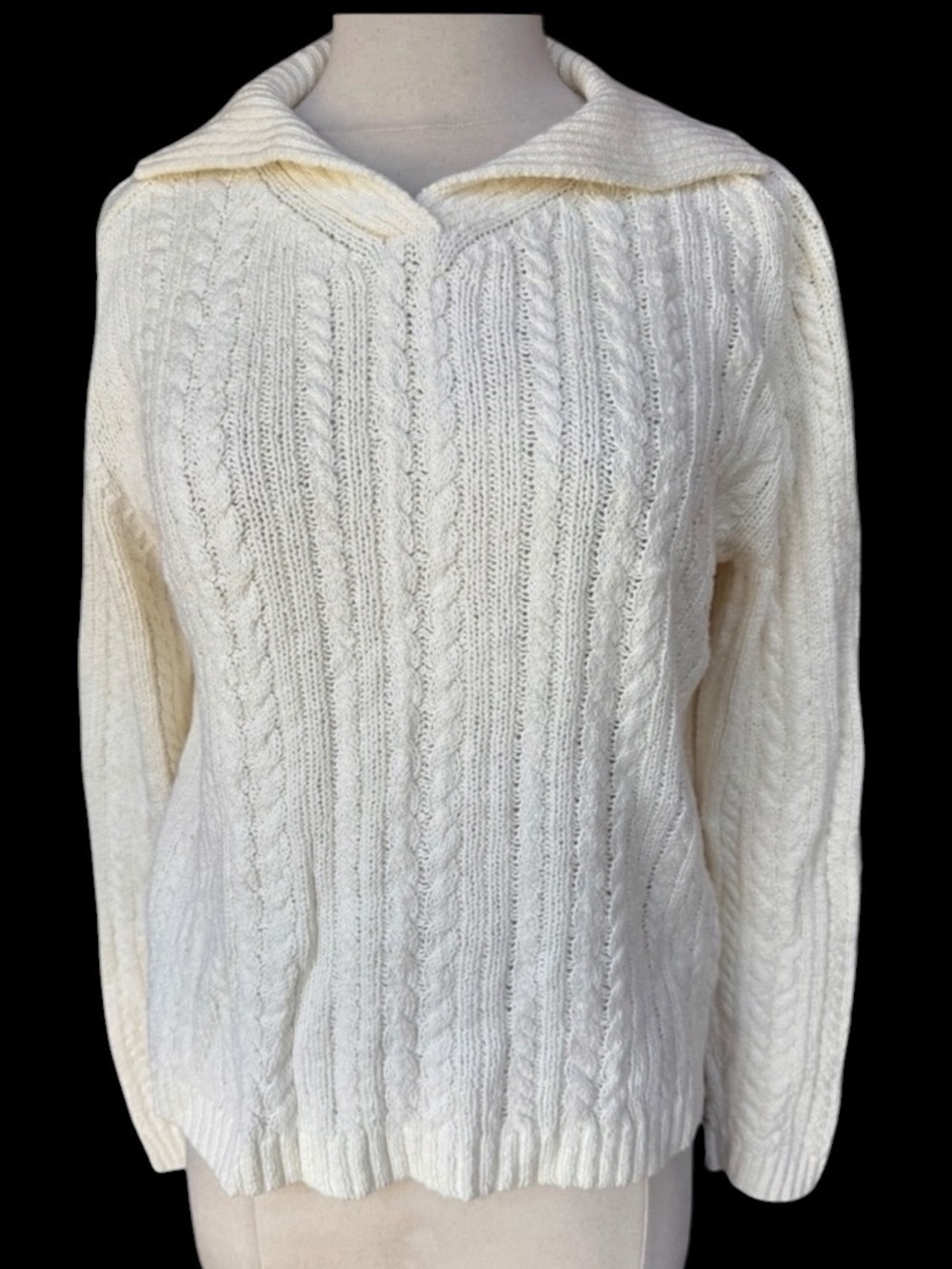 Late 80s/Early 90s Talbots Oversized Ivory Cotton Blend Cable-Knit Collared Pull